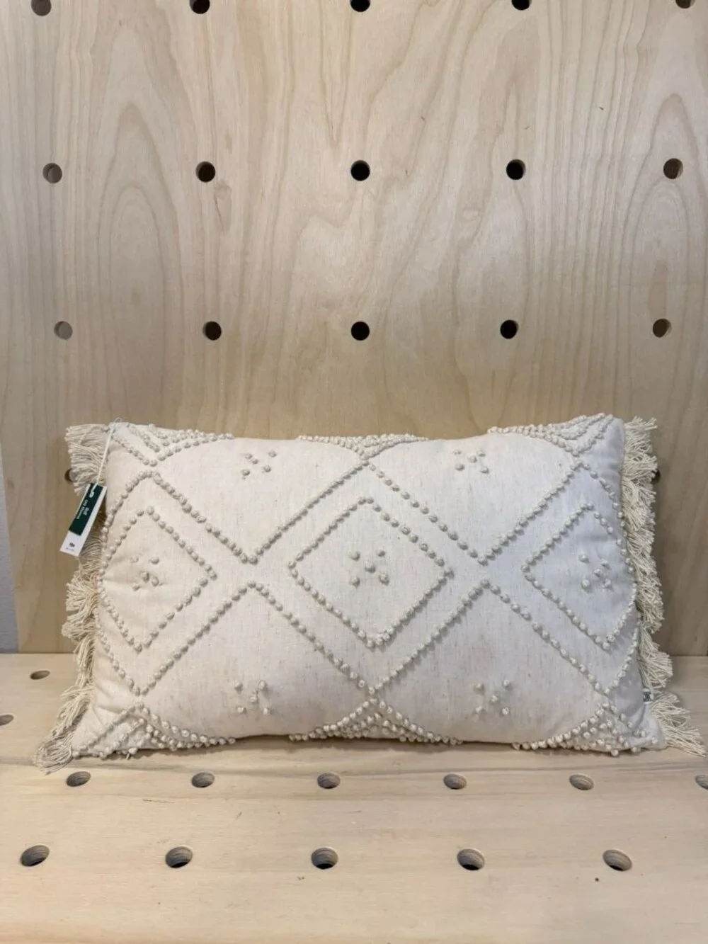 NWT Urban Outfitters UO Tufted Diamond Lumbar Pillow Ivory Fringe Boho Textured